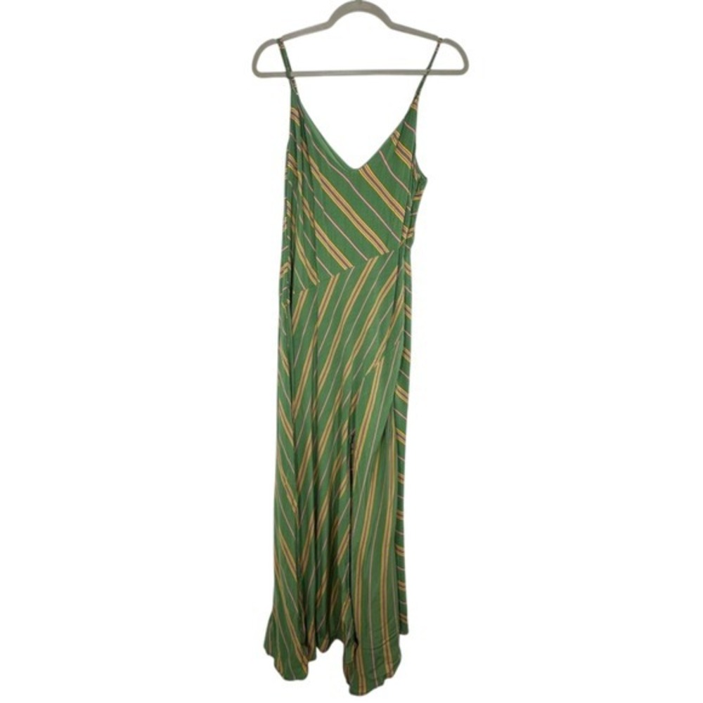 ASTR the Label Green Stripe V Neck Maxi Dress Spaghetti Strap Side Slit Size S